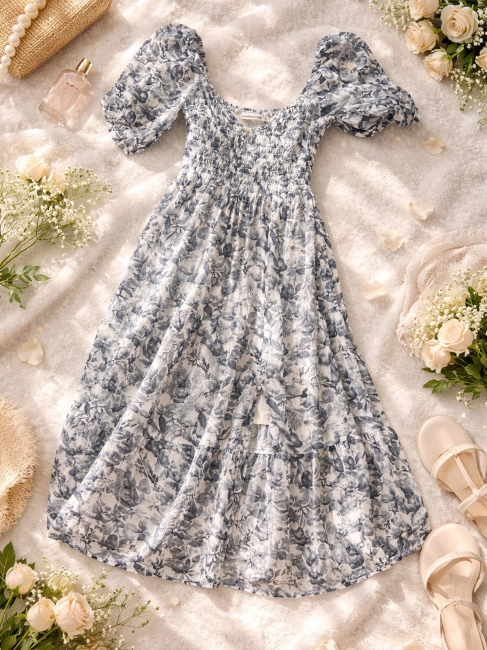 Abercrombie & Fitch Navy and White Floral Smocked Puff-Sleeve Dress